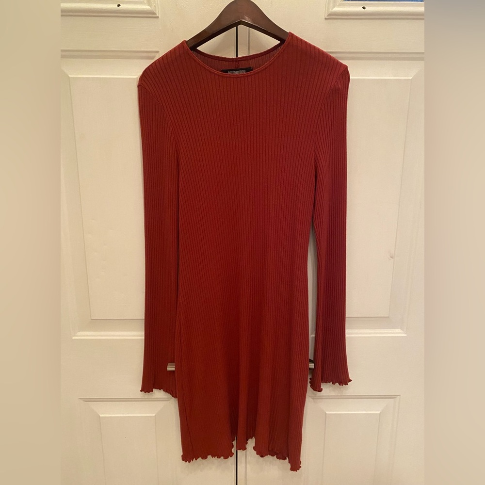 Reformation Brick Red Lettuce Trim Sweater Dress